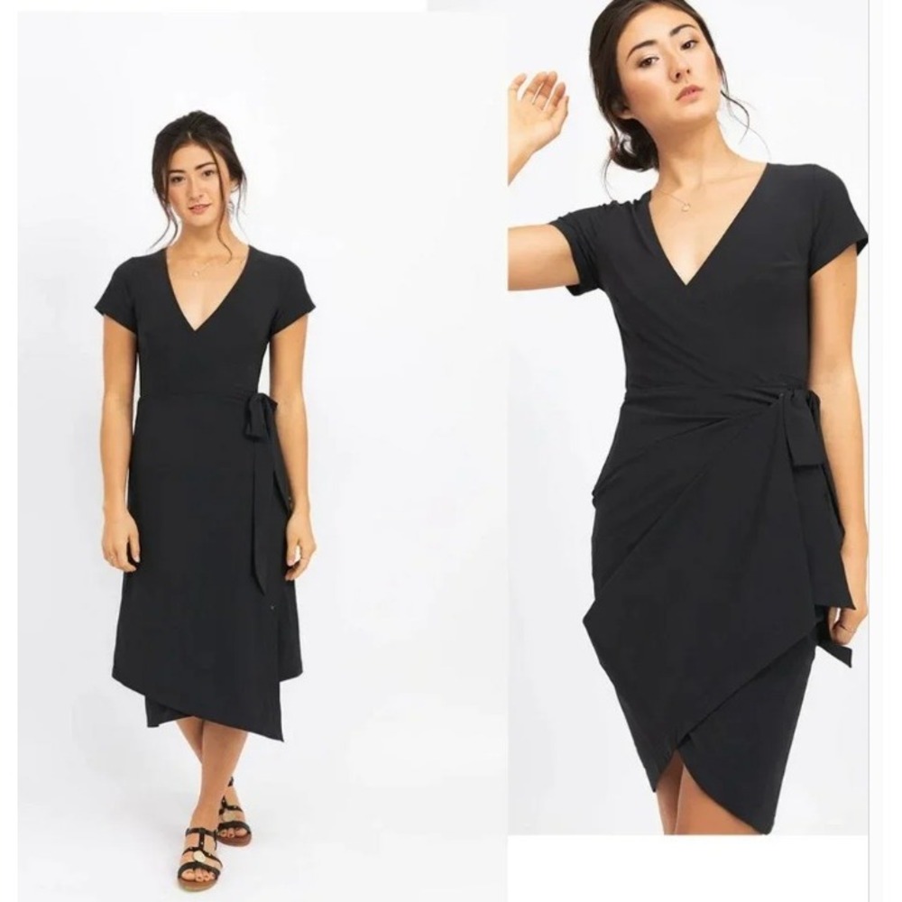 Kosan Go Travel Dress Size L Black Wrap Short Sleeve Minimalist Performance Gorp